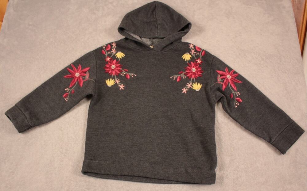 ZARA Girls Floral Embroidered Hoodie Gray Charcoal Pullover Sweatshirt Size 10